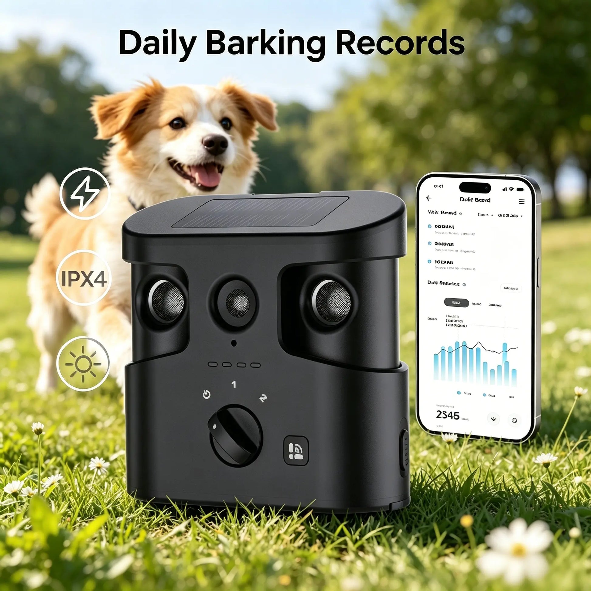 180° Solar Dog Barking Deterrent Training Device-Outdoor anti Barking Device for All Dog Breeds, Humane No-Bark Trainer, IPX4 Waterproof, Ultrasonic Dog Barking Deterrent with APP Data Report, Dual Speakers & Adjustable Frequency, Dog Accessories Guard