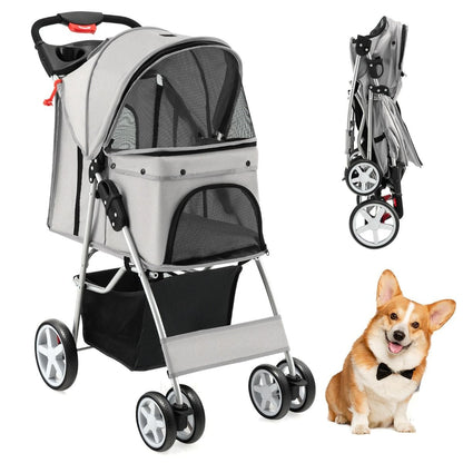4-Wheel Folding Pet Stroller with Storage Basket and Adjustable Canopy