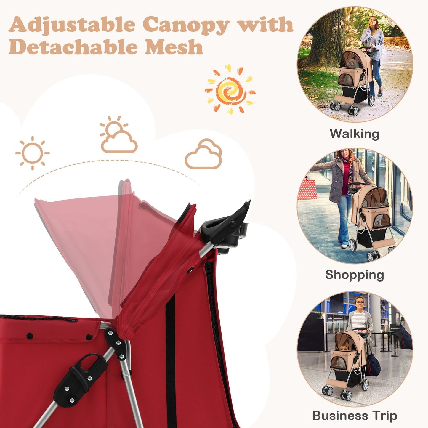 4-Wheel Folding Pet Stroller with Storage Basket and Adjustable Canopy