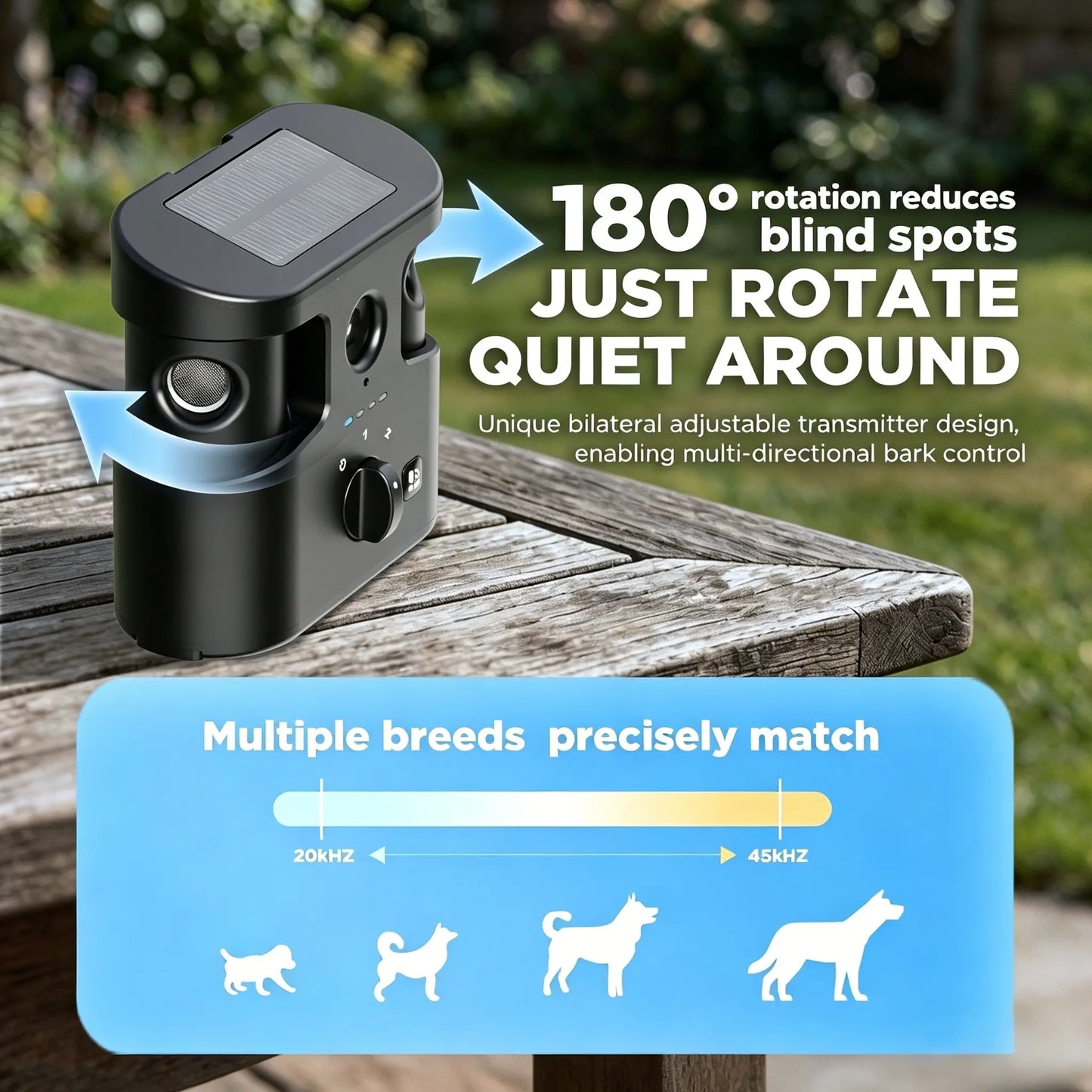 180° Solar Dog Barking Deterrent Training Device-Outdoor anti Barking Device for All Dog Breeds, Humane No-Bark Trainer, IPX4 Waterproof, Ultrasonic Dog Barking Deterrent with APP Data Report, Dual Speakers & Adjustable Frequency, Dog Accessories Guard