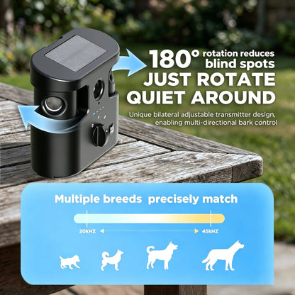 180° Solar Dog Barking Deterrent Training Device-Outdoor anti Barking Device for All Dog Breeds, Humane No-Bark Trainer, IPX4 Waterproof, Ultrasonic Dog Barking Deterrent with APP Data Report, Dual Speakers & Adjustable Frequency, Dog Accessories Guard