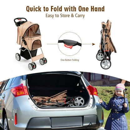 4-Wheel Folding Pet Stroller with Storage Basket and Adjustable Canopy